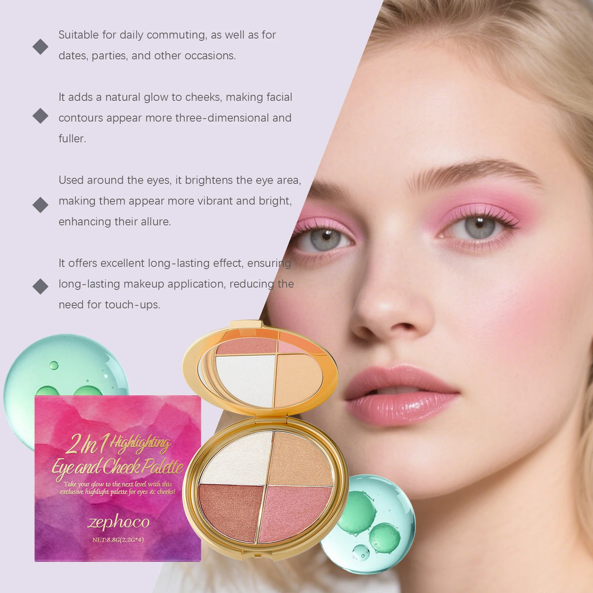 3-In-1 Face Palette Highly Pigmented Fine Powder Highlighter Shimmer Eyeshadow Silky Blush Multi-Functional Brightening Palette