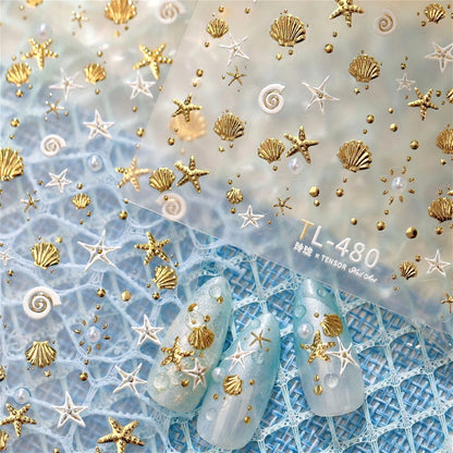 Gold Stamped Shell Conch Scallop Starfish Pearl 5D Embossed Self Adhesive Nail Art Stickers Delicate Ocean Style Manicure Decals
