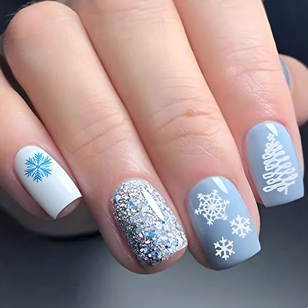 24Pcs Red Christmas Fake Nails Cute Santa Claus Reindeer & Snowflake Designs Artificial Nails Glossy Short Oval Press On Nails