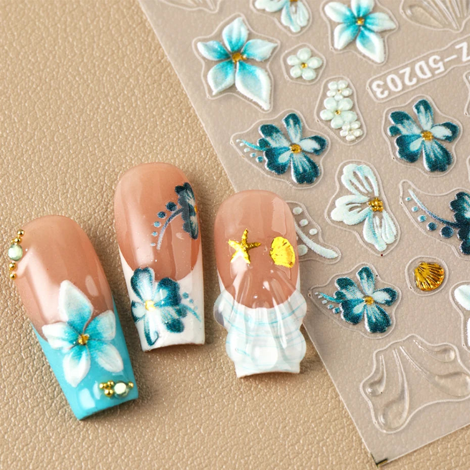 5D Embossed Teal Hibiscus Flower Nail Art Stickers Blue Floral Petal with Golden Starfish Shell French Water Ripple Summer Decal
