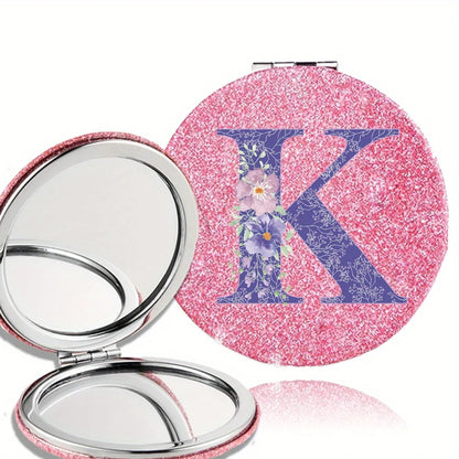 Women Folding Makeup Mirror Facial Beauty Makeup Care Tool Durable PU Surface Waterproof Ideal Party Gift Pink Flower Pattern