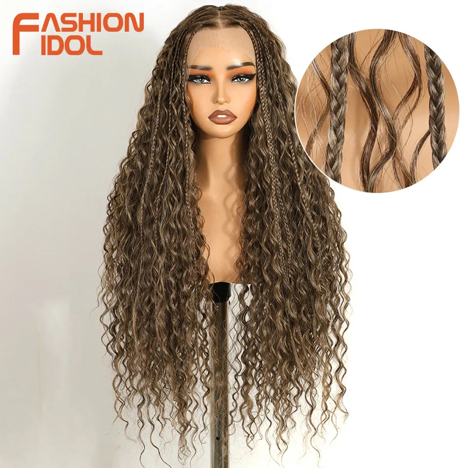 FASHION IDOL 13X4 Twist Box Braided Lace Wigs For Women Synthetic Lace Frontal Wigs Ivory White Faux Locs Goddess Braids Wigs