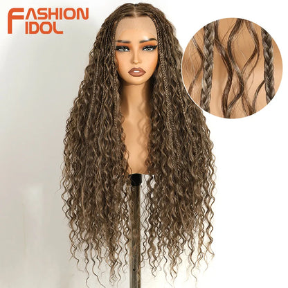 FASHION IDOL Twist Box Braided Lace Wigs Synthetic Brown 13X4 Lace Frontal Wigs For Black Women Goddess Faux Locs Braids Wigs