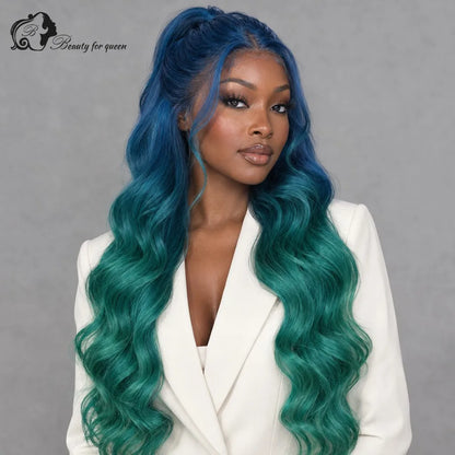 Middle Blue Green Ombre Body Wave Wig Mid Length Heat Friendly New Natural Colored Glossy Brazilian Bold Cosplay Extensions
