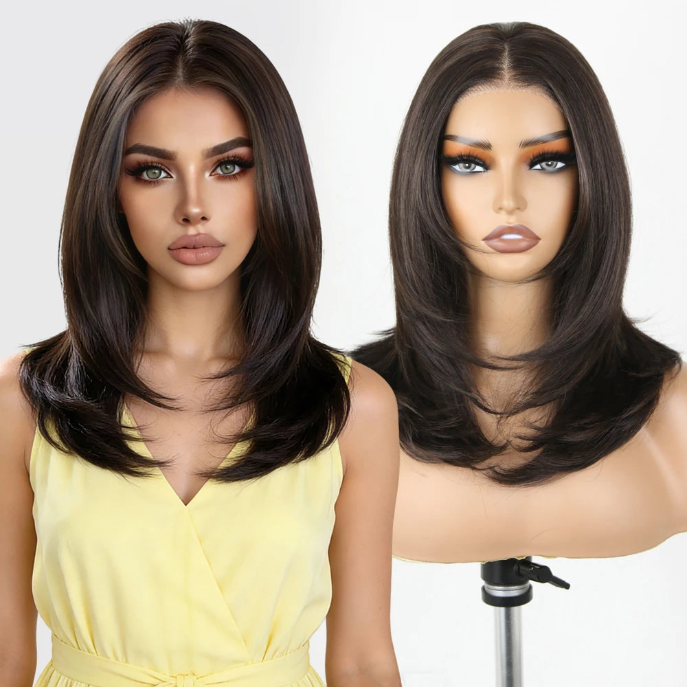 FASHION IDOL 16 Inch 13x3 Lace Front Wigs Synthetic Straight Hair Layered Ombre Brown Free Part Pre-Plucked Bob Wigs for Women
