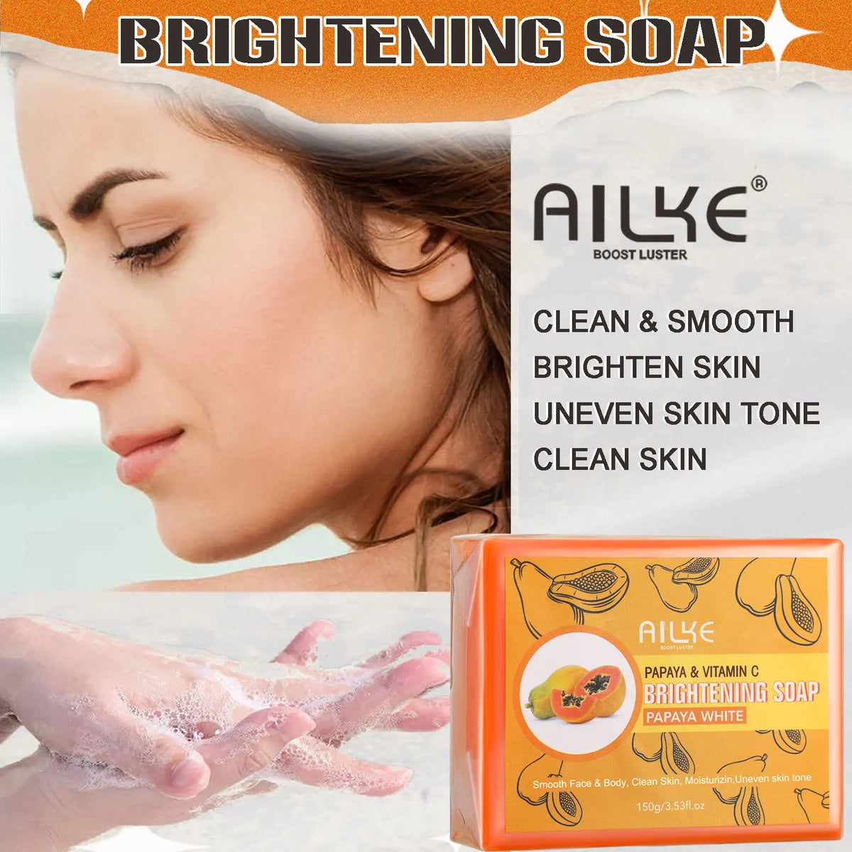 AILKE Skin Whitening Handmade Soap -Organic Papaya Soap For Black Spots, Clean Stains, Improves Dull Skin, Face & Body & Hands