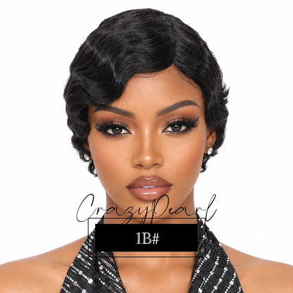 Short Wigs for Black Women Human Hair Ocean Finger Wave Pixie Cut Wig Human Hair Glueless Costume Wig No Glue Wig for Daily Use