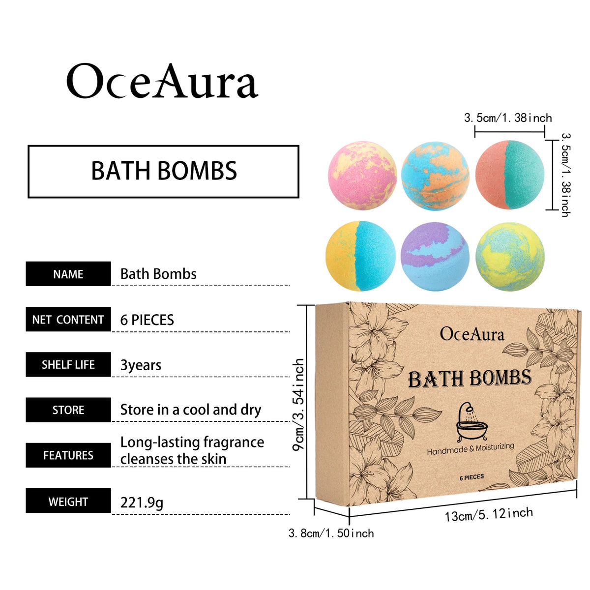 OceAura Bath Bombs Set Lily Rose Rosemary Bubble Skin Exfoliation Improve Dryness Handmade Gift Relaxing Spa Bath Salt Balls