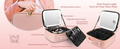 Makeup Bag with LED Mirror Travel Large Train Case Cosmetic Organizer Make Up Bags with 3 Color Lights and Adjustable Dividers
