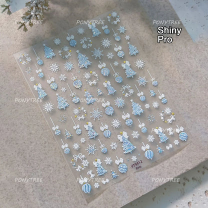 Tender Blue Christmas Tree Hanging Ball Ribbon Gold Star Snowflakes Bowknot Ring Adhesive Nail Charms Art Sticker Manicure Decal