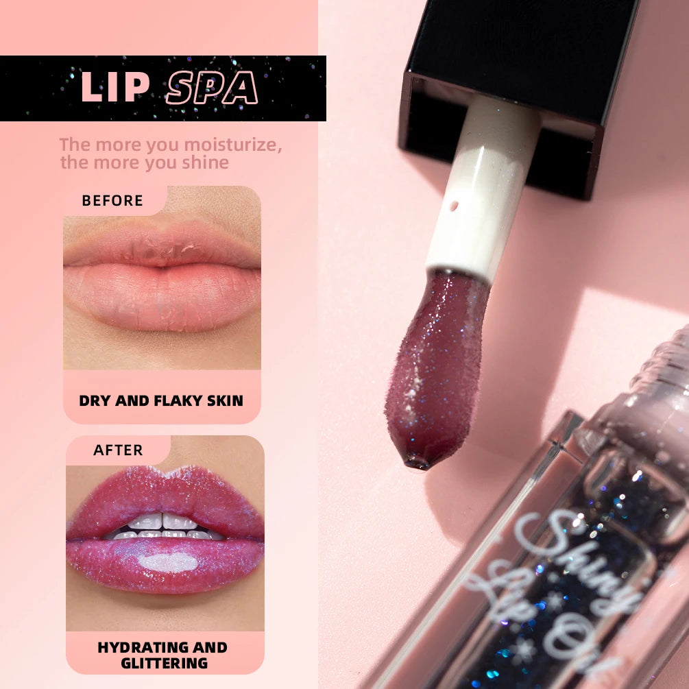 QIBEST Mirror Black Lip Oil Color Changing Lipstick Moisturizing Shiny Lip Gloss Oil Plumping Lasting Diamond Lipgloss Cosmetics