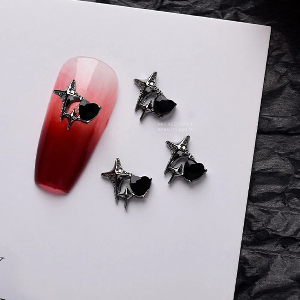 10pcs Darkness Metal Nail Charms Heart with Dark Gems Luxury Nail Decoration 3D DIY Parts Retro Style Aolly Black Heart Charm