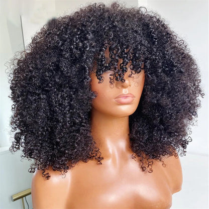 Mongolian Afro Kinky Curly Hunan Hair Wigs With Bangs Full Machine Made Wig 250 Density Remy Brazilian Short Curly Bangs Wig