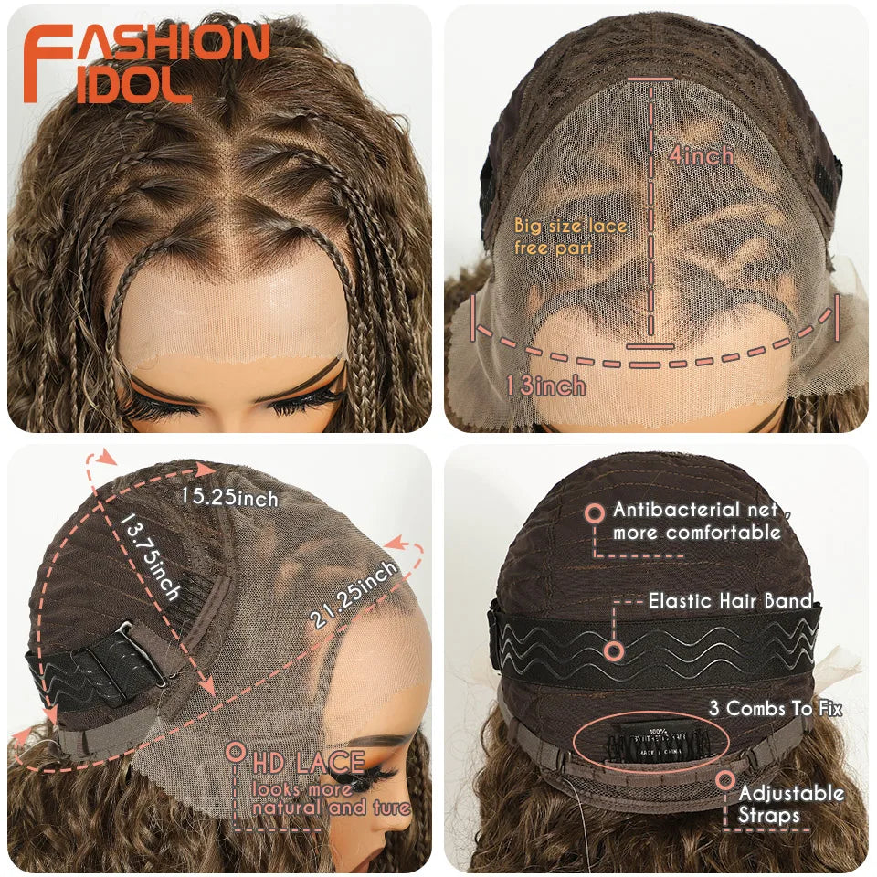 FASHION IDOL Twist Box Braided Lace Wigs Synthetic Brown 13X4 Lace Frontal Wigs For Black Women Goddess Faux Locs Braids Wigs