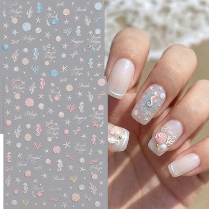 Aurora Ocean Shell Nail Stickers - Summer Beach 3D Relief Sea Star Seahorse Decals - Spring Vacation Nail Tech Supplies