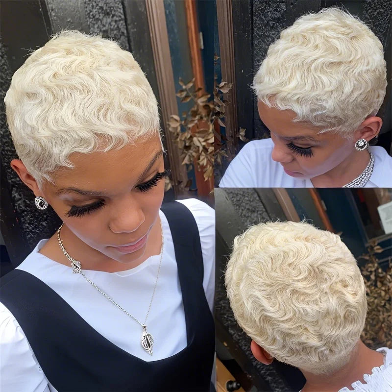  Stylish 60 Blonde Curly Human Hair Wig with Bangs Brazilian Remy Short Layered Natural Look Style Machine Made Wig for Women