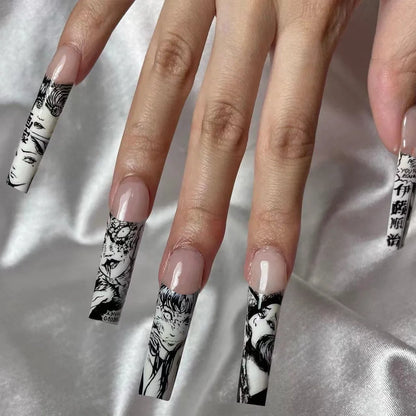 24pcs Black Spider Fake Nails Y2K Punk Style Girls Painted False Nails Full Cover Wearable Japanese Almond Press On Nails Tips