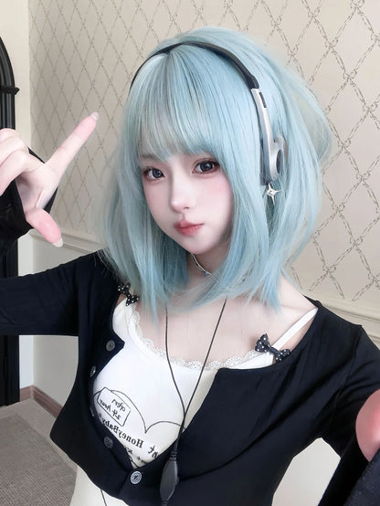 16Inch Lolita Ice Blue Synthetic Lolita Wig With Bang Medium Natural Straight Hair Wigs for Women Daily Cosplay Heat Resistant