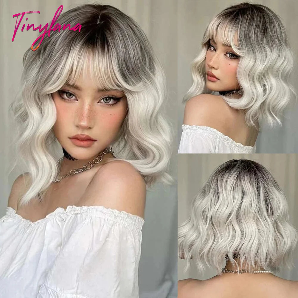 Curly Short Bob Brown Wavy Synthetic Wigs with Bangs Lolita Cosplay Brown Wig for Women Natural Daily Party Hair Heat Resistant