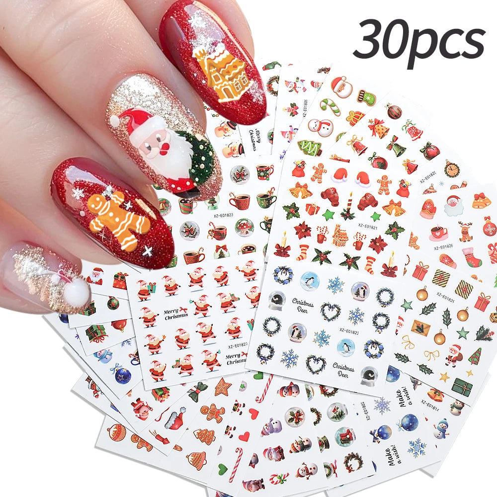 30pcs Cartoon Christmas Mini Nail Stickers Set Snowman, Snowflake, Penguin, Candy Adhesive Nail Decals Winter Manicure Sliders