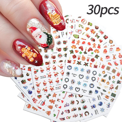 30pcs Cartoon Christmas Mini Nail Stickers Set Snowman, Snowflake, Penguin, Candy Adhesive Nail Decals Winter Manicure Sliders
