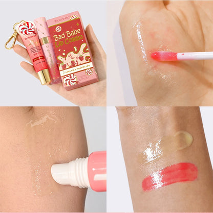 Strawberry Scent Lip Gloss Duo Combo with Keychain Long Lasting Nourish Plumper Lip Cosmetics Christmas Gift