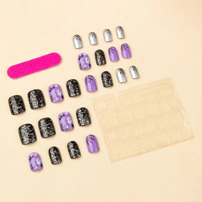 24Pcs Square Short Coverage Press On Nails Halloween Purple Shinne Funny Fake Nails Cute Ghost Reusable False Nail Star Wear