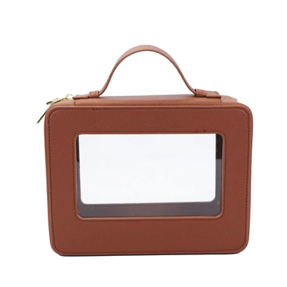 Custom Genuine Leather Travel Cosmetic Bag Set Colorful Classic Saffiano Portable Travel Clear PVC Cosmetic Bag TPU Wash Bag