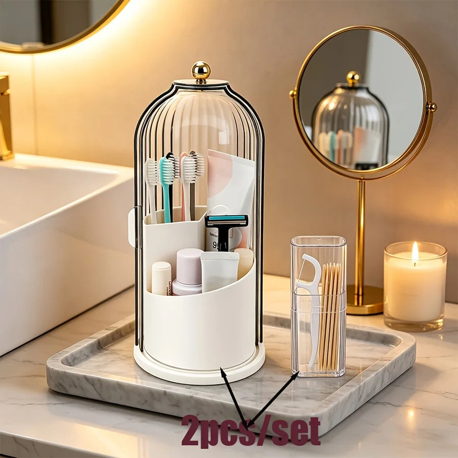 2pcs 360° Rotating Dustproof Makeup Brush Storage Box, Sliding Door Cosmetic Storage Rack + Dental Floss Storage Box