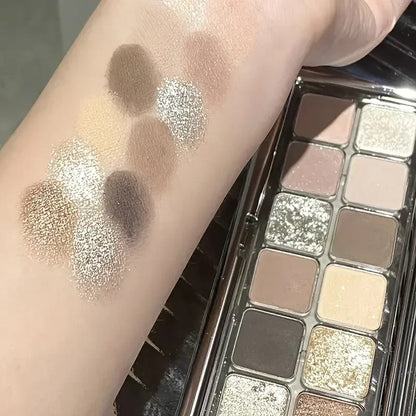 12-Color Cement Eyeshadow Palette Earth Tones Matte Pearl Glitter Waterproof Long-Lasting Korean Makeup Shiny Cold Tea Brown