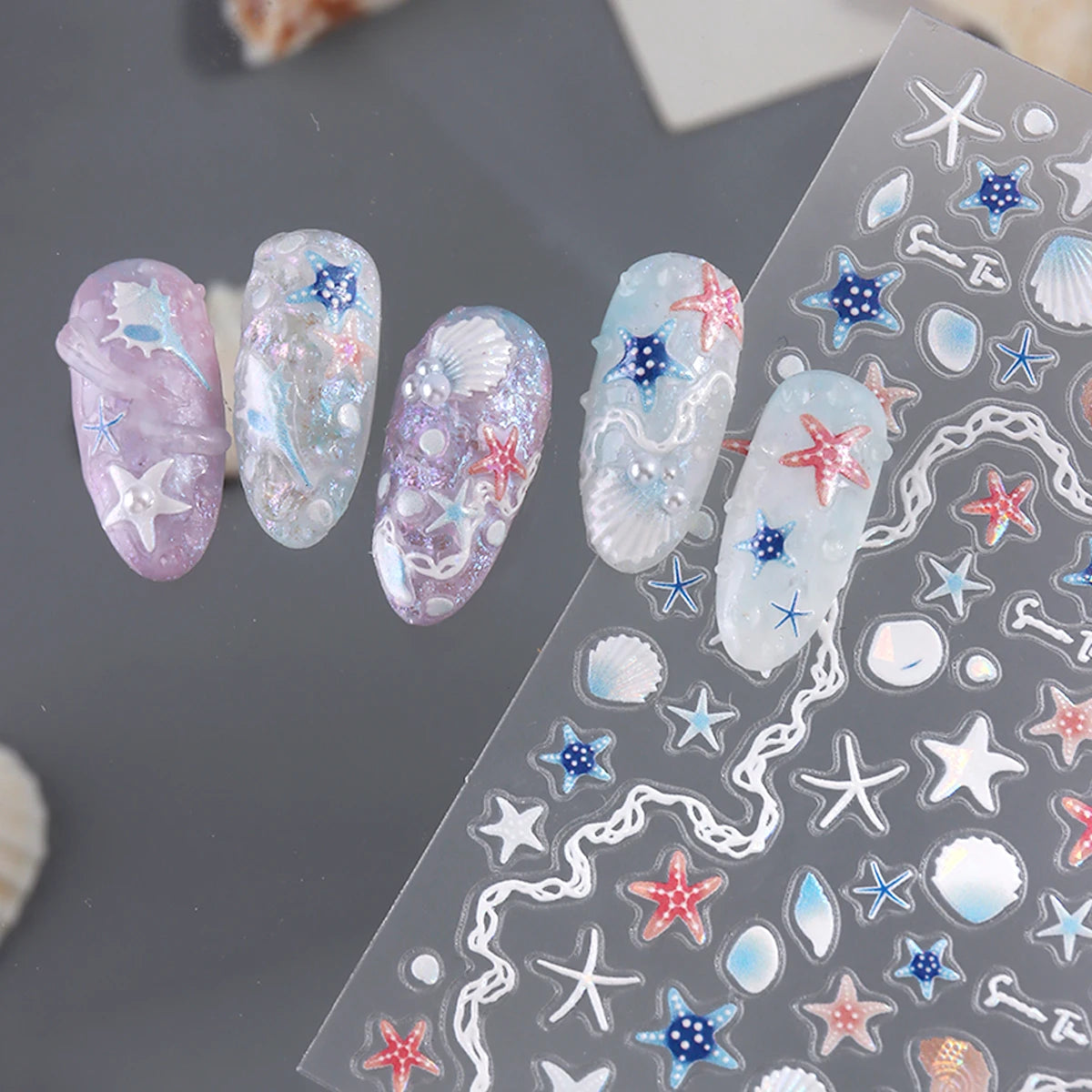 Ocean Aurora Embossed Seashell Nail Stickers - Summer Dreamy Seashell Glow Starfish Seashell Embossed Nail Stickers