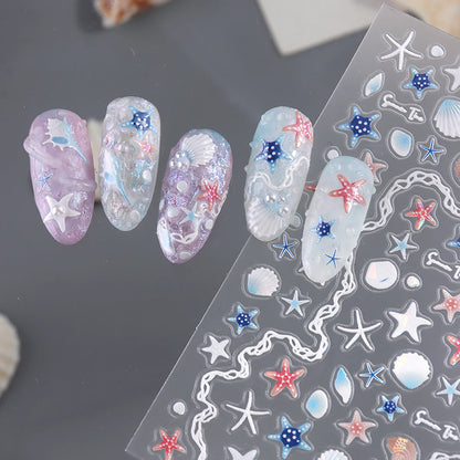 Ocean Aurora Embossed Seashell Nail Stickers - Summer Dreamy Seashell Glow Starfish Seashell Embossed Nail Stickers