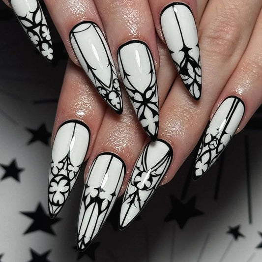 24 Pcs Gothic Fake Nails Almond Long Press On Nails White Glossy Reusable False Nail Jelly Tabs Halloween For Girls Stick On