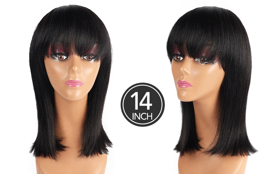 Human Hair Wigs with Bangs BOBO Wig Straight Short Bob Wig Human Hair Natural Color 14inch 150% Density Bob Wig