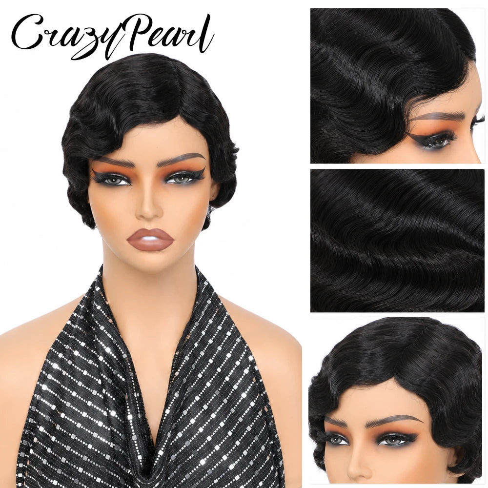 Short Wigs for Black Women Human Hair Ocean Finger Wave Pixie Cut Wig Human Hair Glueless Costume Wig No Glue Wig for Daily Use