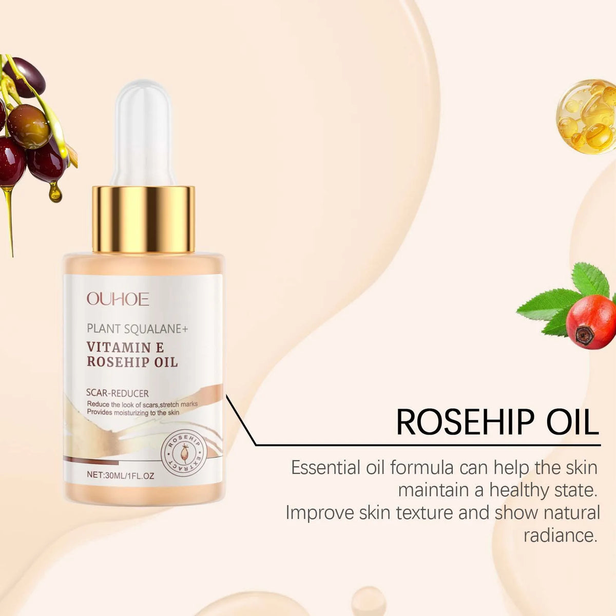 Moisturizing Squalane Rosehip Face Oil Lifting Firming Fade Fine Lines Smoothing Nourishing Skin Rejuvenation Facial Care Oil