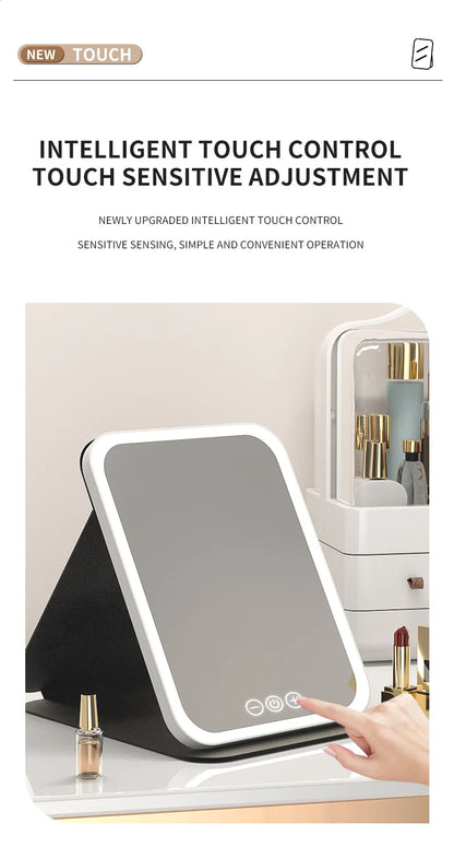Makeup Mirror LED Dimmable Portable Foldable Design with Touch Screen 3 Colors Light Stepless USB Charging for Beauty Fashion