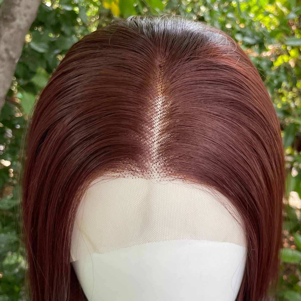 Red Brown Shoulder Length 13x4 Synthetic Lace Front Wigs Women Middle Part Synthetic Wigs Layers Glueless Wigs 150% Density Lady