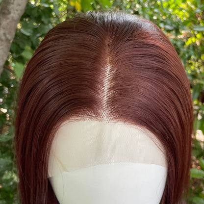 Red Brown Shoulder Length 13x4 Synthetic Lace Front Wigs Women Middle Part Synthetic Wigs Layers Glueless Wigs 150% Density Lady