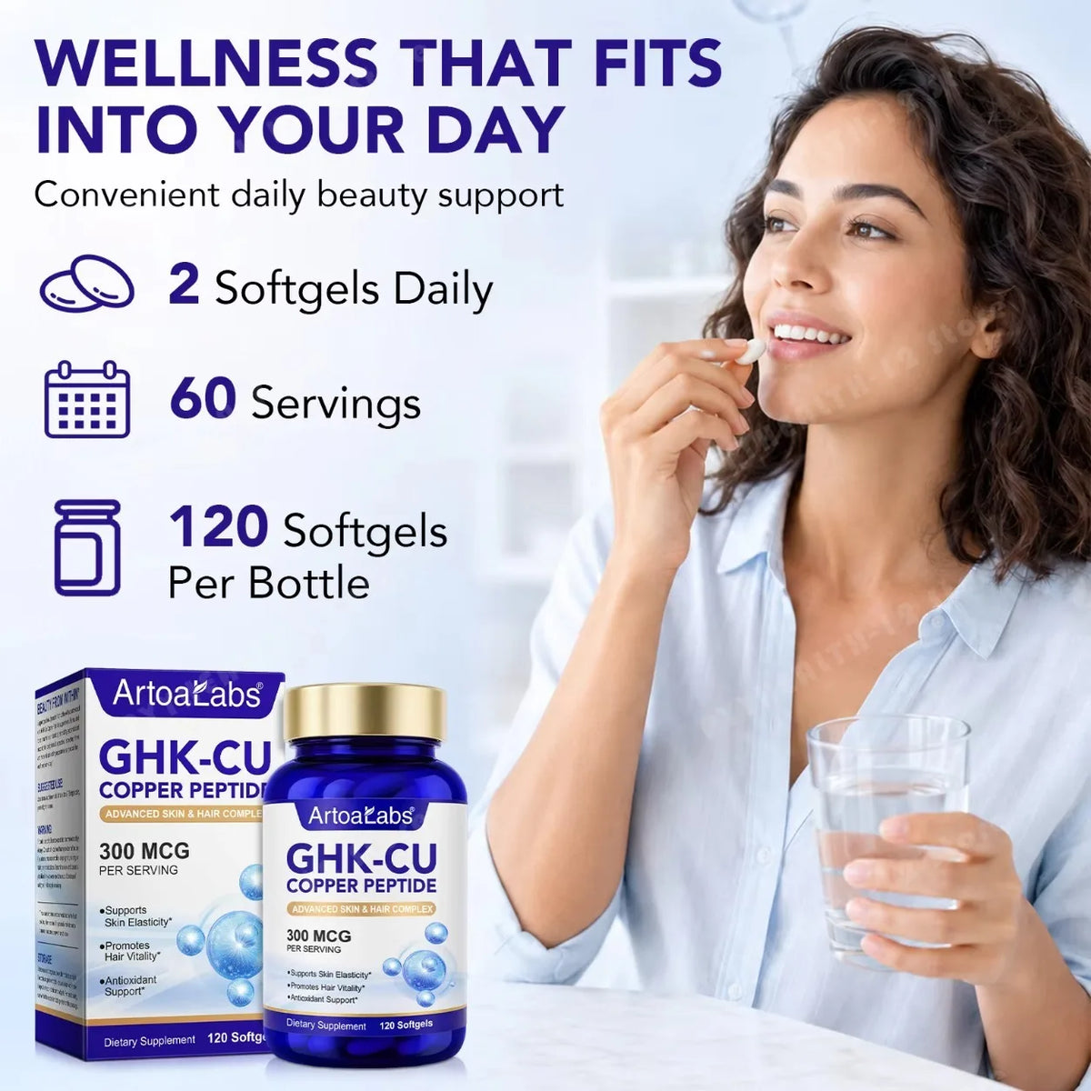 Liposomal GHK-Cu Copper Peptide 300mcg – Skin & Hair Anti-Aging Softgels with Biotin, Phytoceramides, Hyaluronic Acid 120 Count