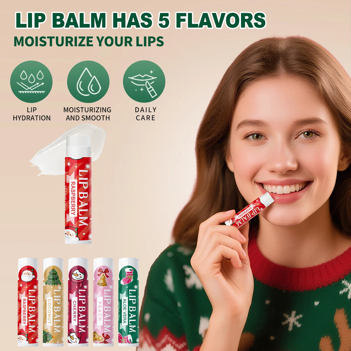 Christmas assembly gift set -5 sets, including balm, hand cream, lipstick, red gauze bag, Christmas tree thank you card