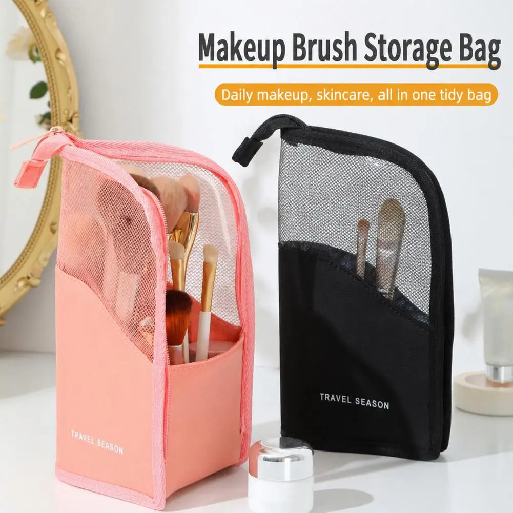 2 in 1 Standing Makeup Brush Bag Portable Travel Cosmetic Case Multi Slot Mesh Lipstick Eyebrow Pencil Holder Organizer Pouch