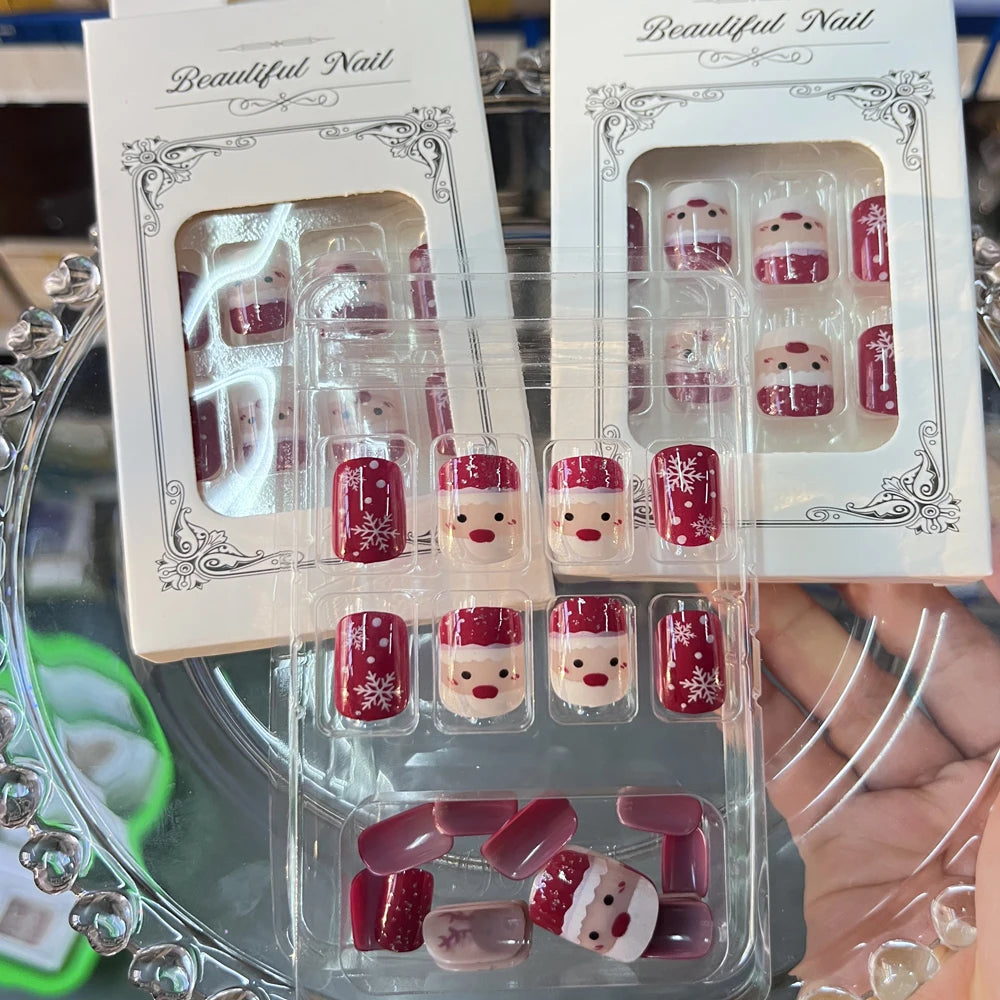 24Pcs Red Christmas Fake Nails Cute Santa Claus Reindeer & Snowflake Designs Artificial Nails Glossy Short Oval Press On Nails