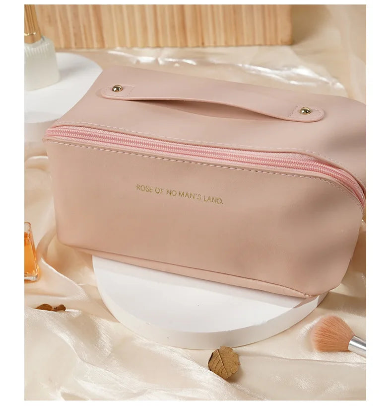 Women Travel Makeup Bag PU Cosmetic Organizer Large Capacity Toiletry Bag Wide Opening Portable Wash Bag