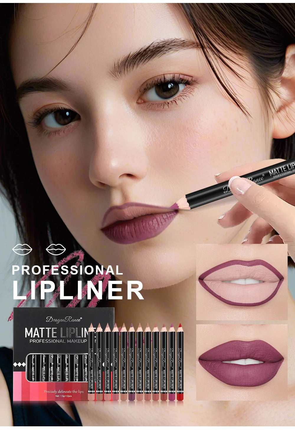 Long Lasting Matte Lip Liner 12 Colors Set Waterproof High Pigment Nude Wooden Pencil Lip Makeup Kit for Daily Use