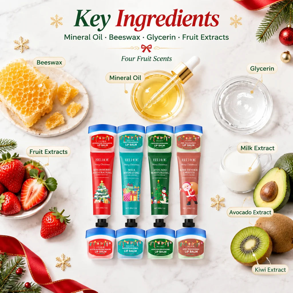Christmas 8 Pcs Hand Cream and Lip Balm Gift Set Fruit Scented Moisturizing Nourishing Skincare for Women Travel Size 8 Pieces