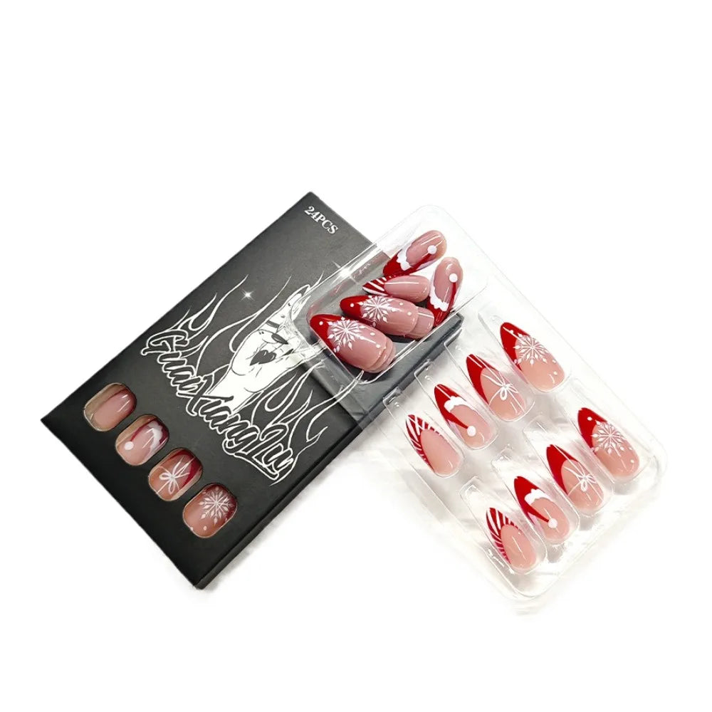 24PCS Red French Pointed Nails Christmas Fake Nails With Snowflake Christmas Hat Design, Artificially Adhered To The Nails