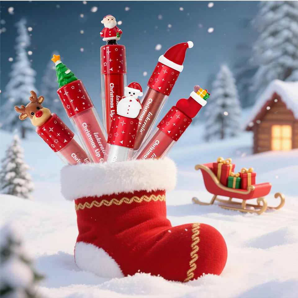 Christmas Lip Gloss Set Waterproof Long-Lasting Moisturizing Lip Skincare Lip Glaze Set Ideal Festive Holiday Christmas Gift