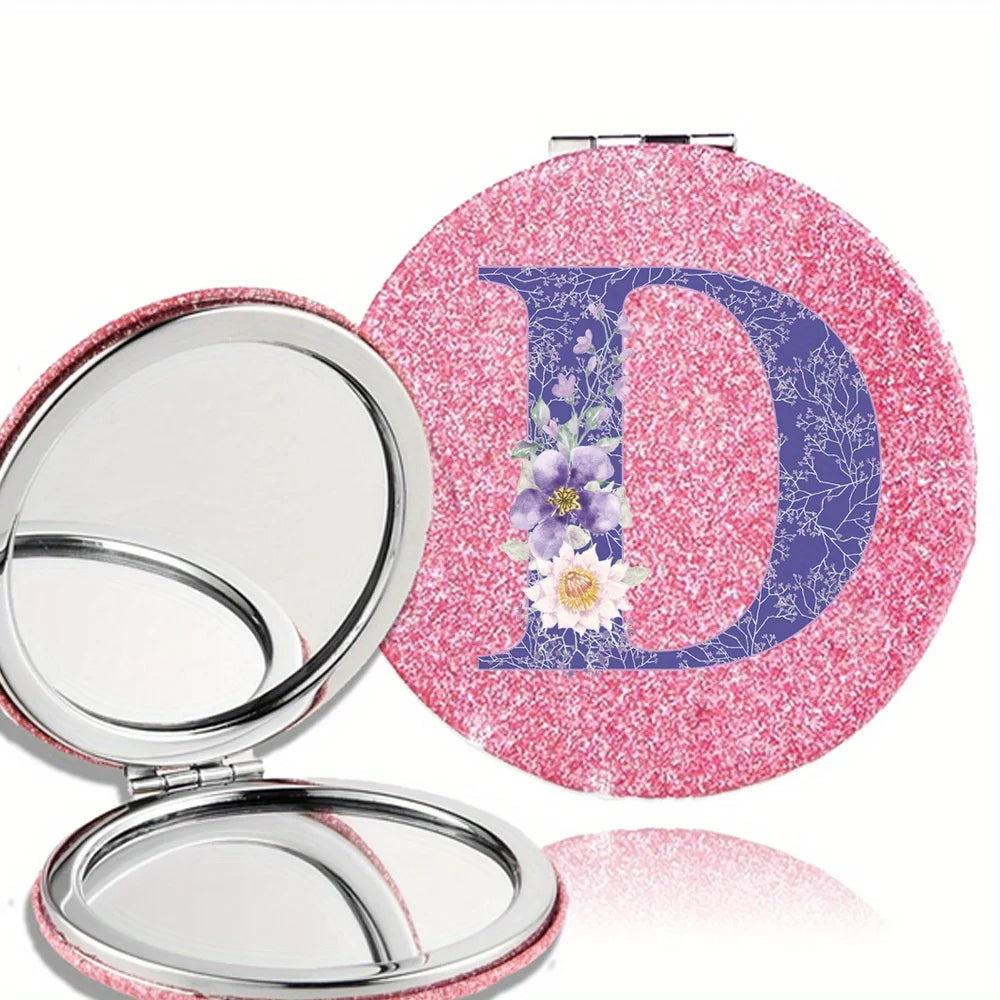 Women Folding Makeup Mirror Facial Beauty Makeup Care Tool Durable PU Surface Waterproof Ideal Party Gift Pink Flower Pattern