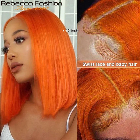 Ginger Orange Straight Bob Human Hair Lace Wig Brazilian Remy Hair Middle Part Lace Easy Wear T Part Lace Wigs Clearance Sales